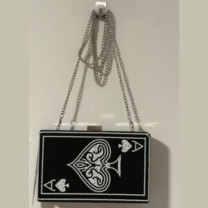 Ace of Spades black and white beaded clutch with a crossbody strap